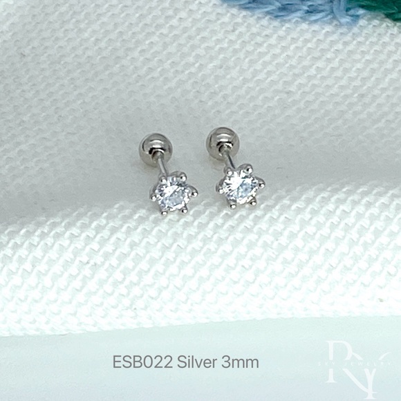 Solid Silver 6 prongs CZ Diamond Stud Screw bakcks Earrings-ESB022 Silver 3mm - Picture 6 of 10